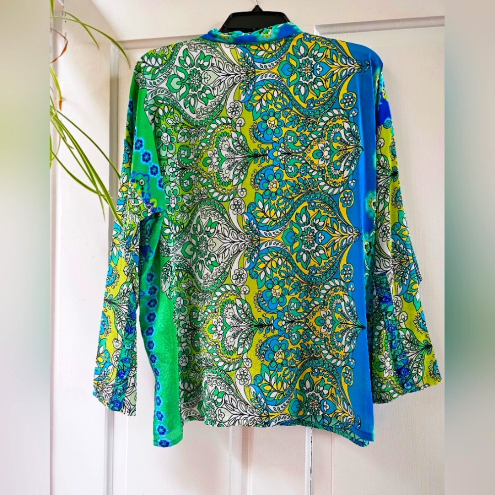 Johnny Was Audrey Silk Ornate Print Point Collar Long Sleeve Button Front Blou